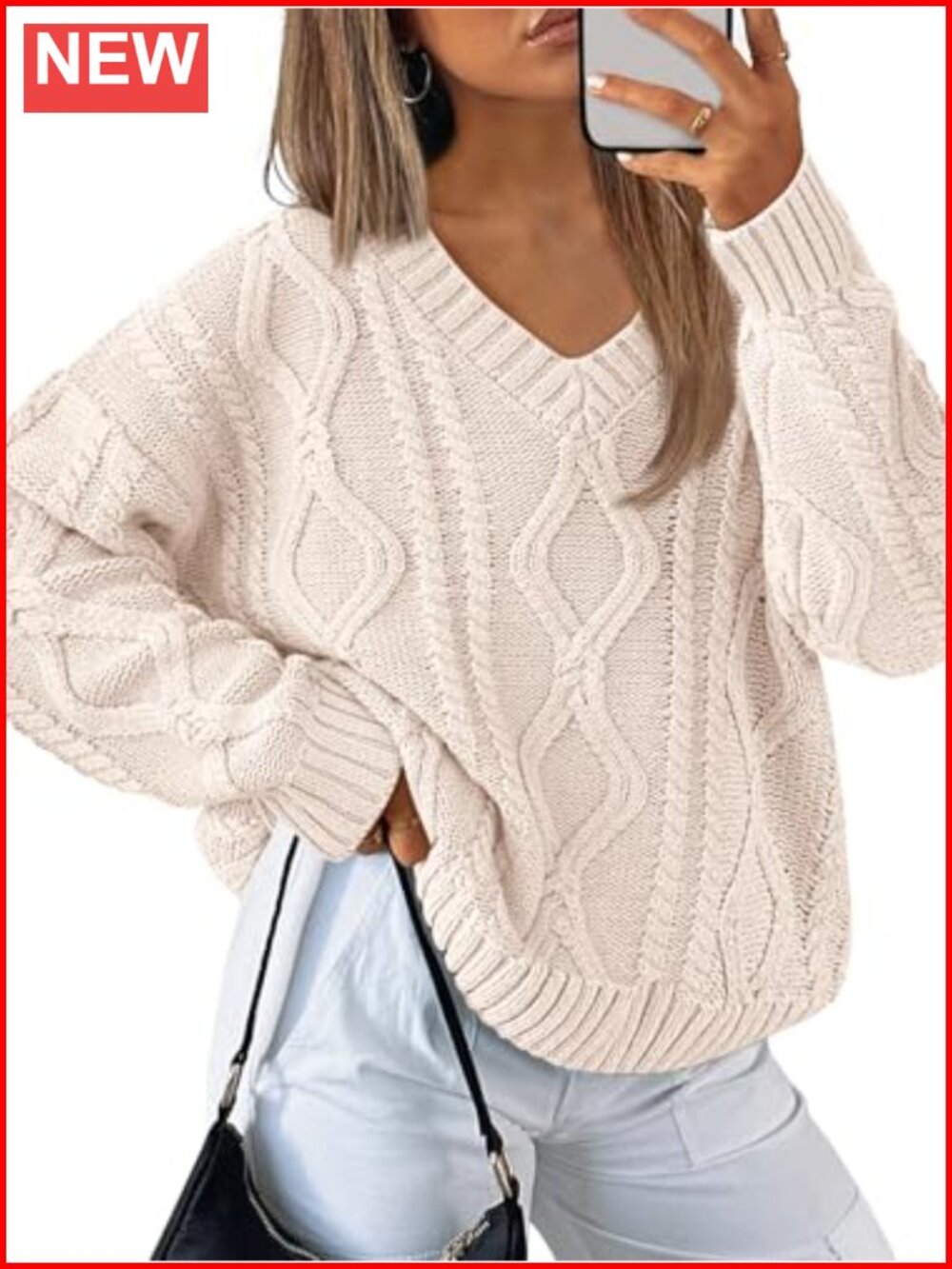 Oversized Chunky Cable Knit V-Neck Pullover Sweater - Cozy Cotton Blend, Loose